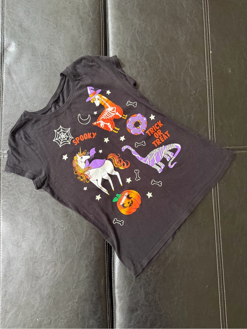 Place - Girl’s Black Halloween Unicorn Tee with Orange & Purple Accents